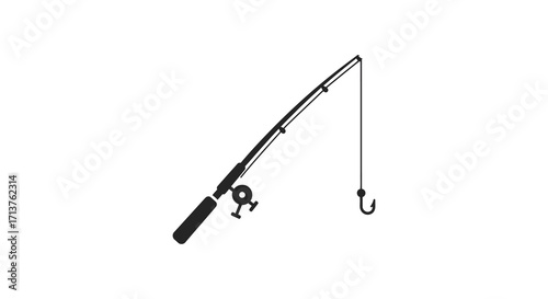 Simple black and white illustration of a fishing rod with a hook
