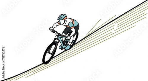 A cyclist in gear rides a mountain bike down a steep, grassy slope.