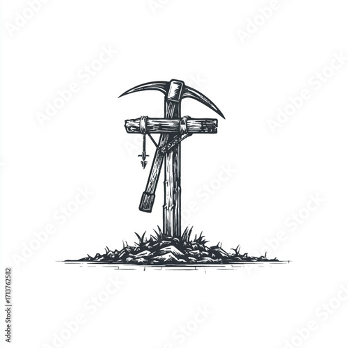 Rustic Monument Sketch Style Graphic Memorial or Grave with Pickaxe and Wooden Cross Design