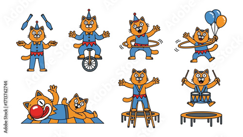 Circus Cat Performances: Adorable cartoon cat characters showcasing a variety of circus acts, from juggling and unicycling to drumming and acrobatics.