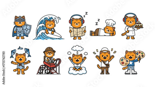 Cats in Daily Life: A charming assortment of cartoon cats are engaged in varied activities
