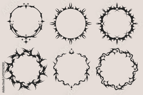 Gothic tribal frame set with black ornamental borders and sharp decorative corners for dark fantasy designs. Round silhouettes with flame like curves for tattoo or metal album artwork.