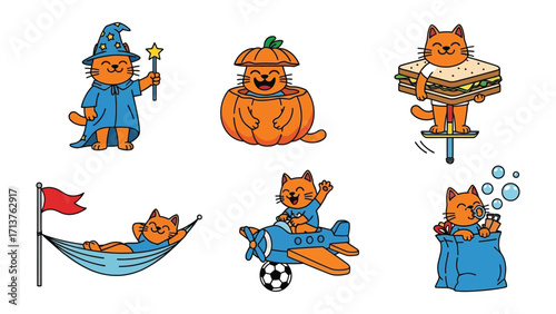 Whimsical Cat Character Set: A delightful collection of playful cartoon cat characters, each engaged in charming scenarios that capture a sense of wonder and entertainment.