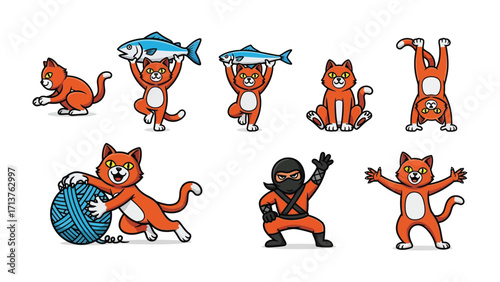 Playful Cat Cartoon with fish and ninja: A vibrant cartoon featuring an orange cat in various playful poses, including catching fish and striking a ninja pose.