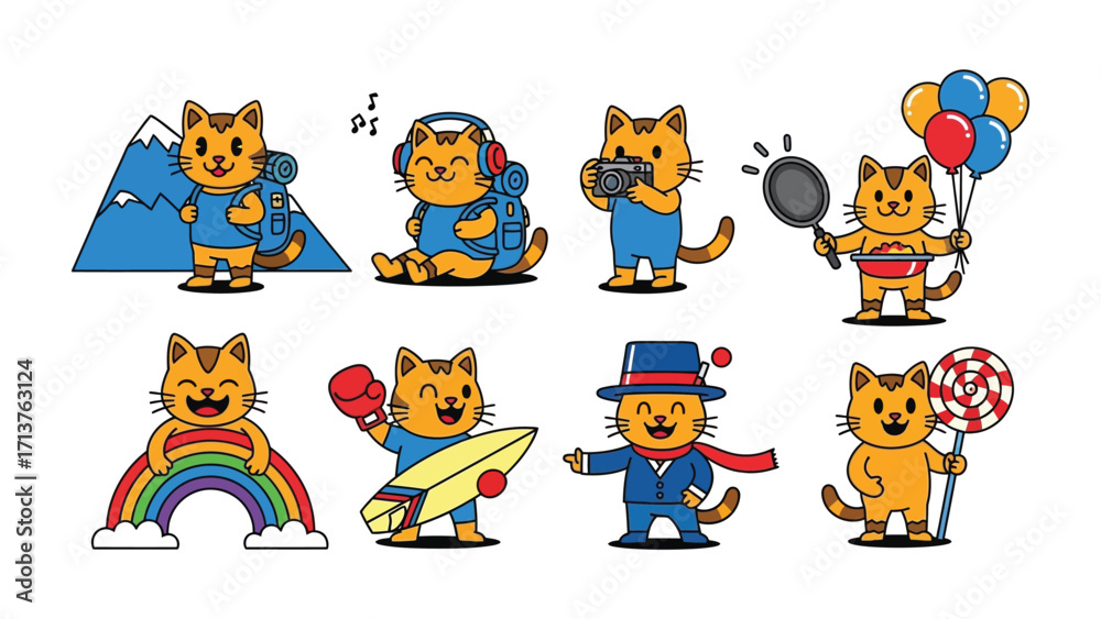 Obraz premium Cartoon Cats Embark on Adventures: Adorable cartoon cats are featured in a variety of fun poses, engaging in different activities. From hiking to cooking, the cats represent imagination.