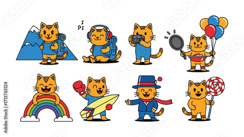 Cartoon Cats Embark on Adventures: Adorable cartoon cats are featured in a variety of fun poses, engaging in different activities. From hiking to cooking, the cats represent imagination.