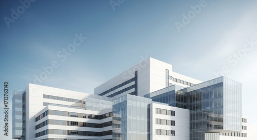Minimalist futuristic hospital building with clean white walls and wide copy space sky background