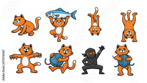 Playful Feline Adventures: A whimsical collection of orange cats engaged in amusing antics, from balancing a fish to mastering ninja moves.