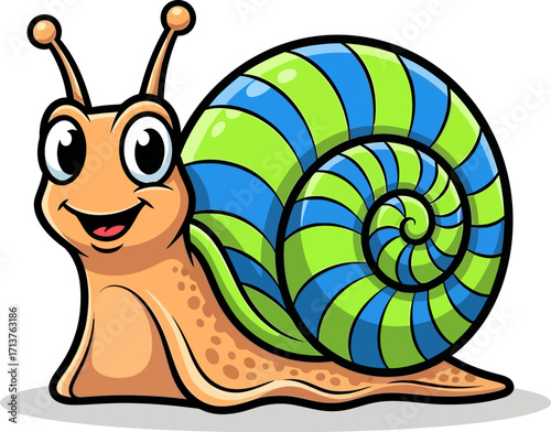Happy cartoon snail with a colorful striped shell smiles cheerfully