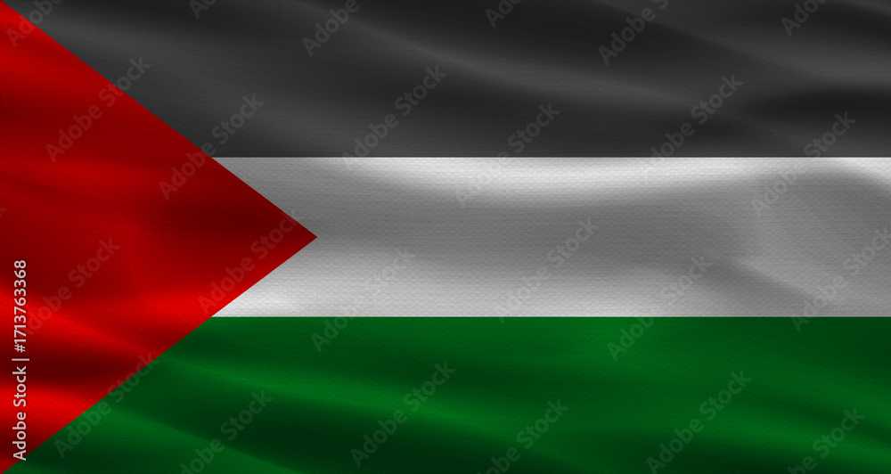 Obraz premium Palestine flag with fabric texture. Realistic flag of Palestine waving
