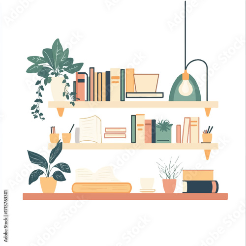 Bookshelf with books plants and lamp creating a cozy reading space