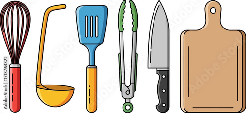 Collection of essential kitchen utensils for cooking and food preparation