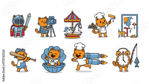 Cute cartoon cat collection: adorable cartoon cats, each embodying a different profession and hobby, playfully engaged in various activities and setting the scenes on the bright background.