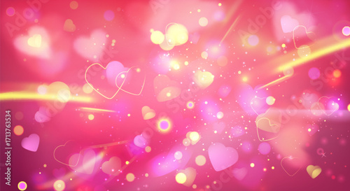 Romantic pink background with floating heart shapes, golden bokeh lights and sparkles for valentine or wedding designs. Dreamy blurred circles, light rays and love symbols for romantic cards.