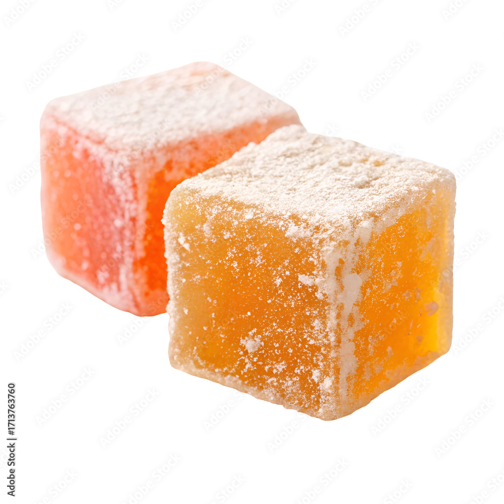Fototapeta premium Two Cubes of Turkish Delight, Pink and Orange, with Powdered Sugar lokum sweets
