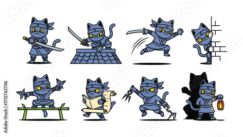 Ninja Cat Character Set: Playful illustrations of ninja cats in dynamic action poses, wielding swords, shurikens, and more, perfect for adding a touch of adventure and whimsy.