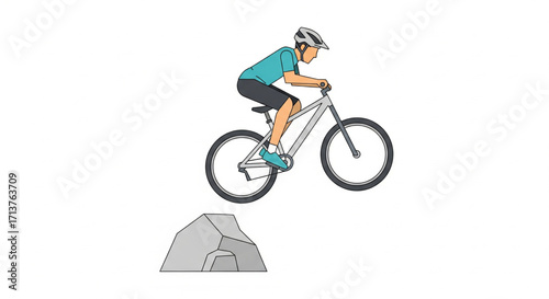 A cyclist wearing a helmet rides a mountain bike, jumping over a rock obstacle.