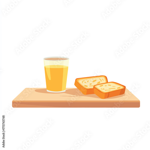 Breakfast arrangement with toast and orange juice on wooden boa