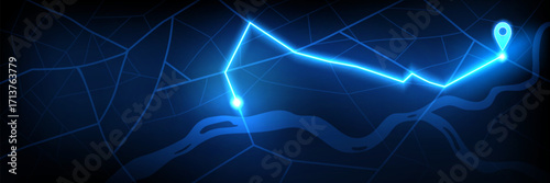 Neon digital navigation map with blue GPS pin on black background. Vector realistic illustration of streets, river and route destination marked on city plan, driving navigator, travel roadmap model