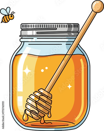 Sweet golden honey dripping from a wooden dipper in a glass jar with a bee flying nearby.