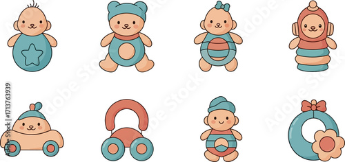 Charming collection of cute cartoon baby toys in soft pastel colors