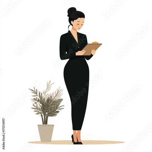 Businesswoman reviewing documents attentively.