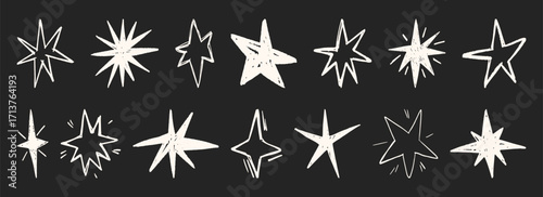 Hand drawn crayon stars set isolated on black background. Vector realistic illustration of white doodle sparks on chalk board, childish pattern design elements, grungy sketch art, stickers for school
