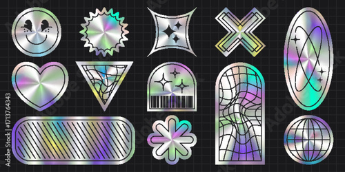 Holographic y2k stickers set isolated on black background. Vector realistic illustration of iridescent round, oval, heart, flower shape patches with abstract line icons, shiny silver foil tags