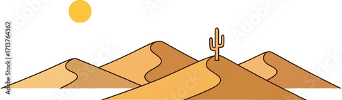 Vibrant desert landscape with rolling dunes and a solitary cactus under a bright sun