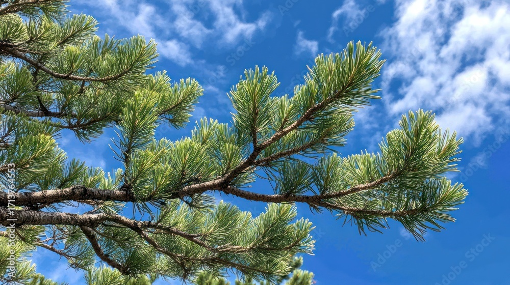 Obraz premium Pine tree branch against blue sky, sunny day, nature background, ideal for nature website