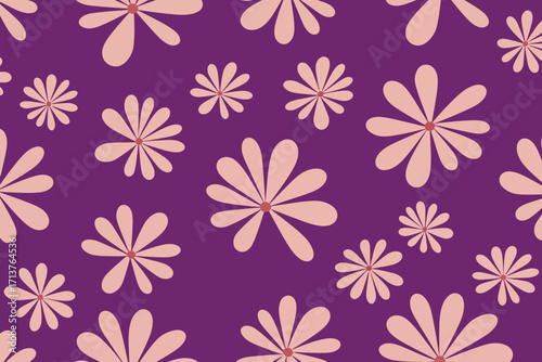 A pattern of simple pink flowers with red centers on a rich purple background.
