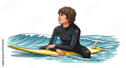 A young person sits on a yellow surfboard, patiently awaiting a wave in the ocean.