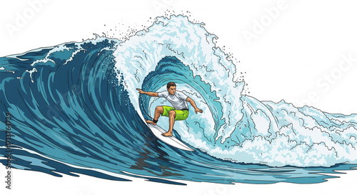 A surfer skillfully rides a powerful, curling ocean wave, showcasing balance and expertise in the water.