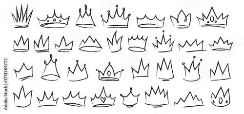 Hand drawn crowns set isolated on white background. Vector realistic illustration of royal power symbol, black doodle diadems for poster design, sketch line art, winner success sign, tiara shape icon