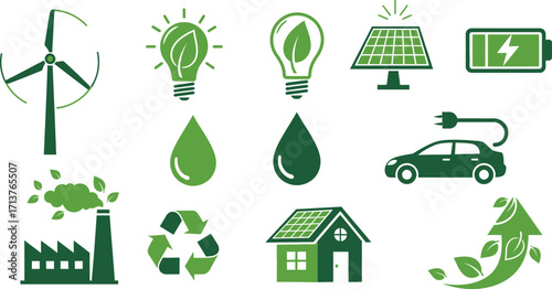 Eco friendly energy and sustainability symbols including wind turbine, solar panel, and green car.