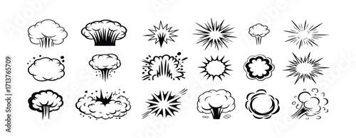Collection of Black and White Comic Book Style Explosion and Smoke Effects