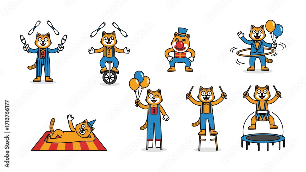 Fototapeta premium Cat circus performers: Playful cartoon cat circus performers showcasing their various talents and skills.