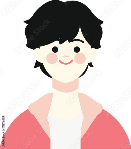 Friendly smiling character with short black hair, rosy cheeks, and a pink hooded jacket.