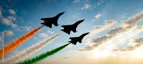 Indian Air Force Day October 8 Fighter Jets in Formation with Tricolor Smoke Trails in Clear Blue Sky