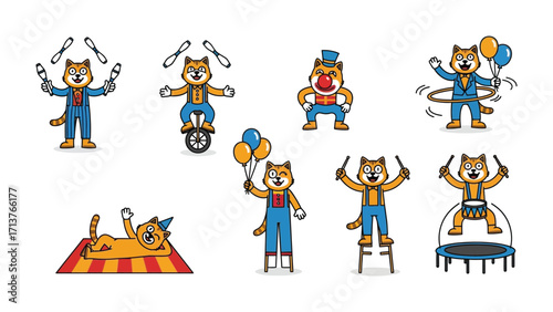 Cat circus performers: Playful cartoon cat circus performers showcasing their various talents and skills.