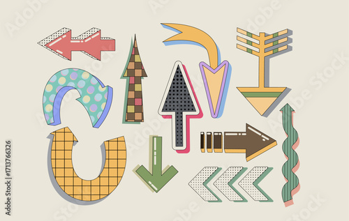 Playful retro arrows set isolated on background. Contemporary vector illustration of comic direction signs of different shape decorated with abstract patterns, quirky pointers, creative design element