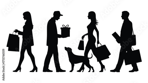 Elegant silhouette set of four shoppers with bags and a dog vector illustration silhouette vector illustration white background
