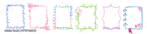 Kids crayon frames set isolated on white background. Vector realistic illustration of color pencil borders decorated with flowers, hearts, childish doodles, hand drawn ornament, pastel design elements