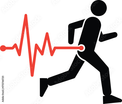 Vector illustration a graphic of a person running with a red heartbeat line coming from their body on a light background