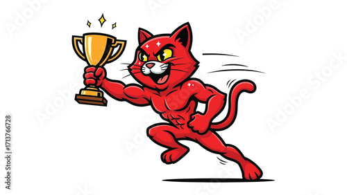 Victorious Feline Champion: An energetic red cat mascot beams with elation, hoisting a golden trophy aloft as a symbol of athletic or competitive success.