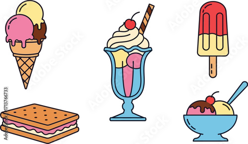 Vibrant assortment of delicious ice cream treats on a clean white background