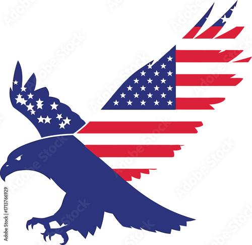 Vector illustration american flag inspired eagle design in flight with patriotic colors on a plain white background