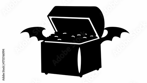 Mysterious treasure chest with bat wings overflowing with riches, a dark fantasy icon