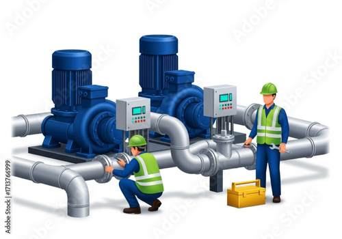 Industrial Pump System Maintenance with Engineers and Pipeline Equipment Illustration