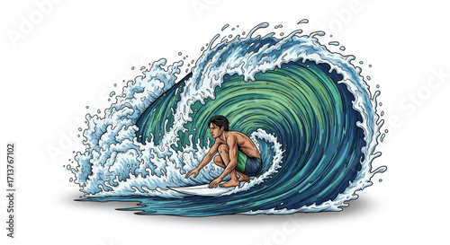 A surfer skillfully maneuvers a powerful, curling ocean wave, showcasing dynamic action and vibrant colors.